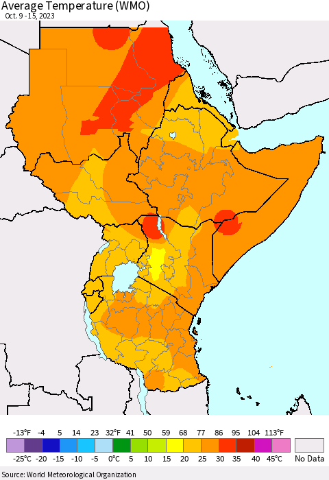 Eastern Africa Average Temperature (WMO) Thematic Map For 10/9/2023 - 10/15/2023