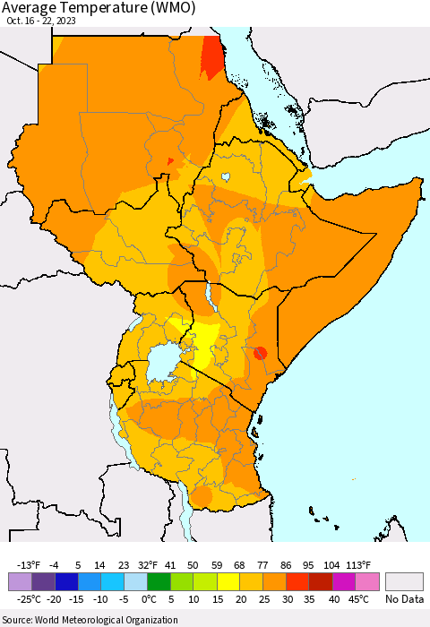 Eastern Africa Average Temperature (WMO) Thematic Map For 10/16/2023 - 10/22/2023
