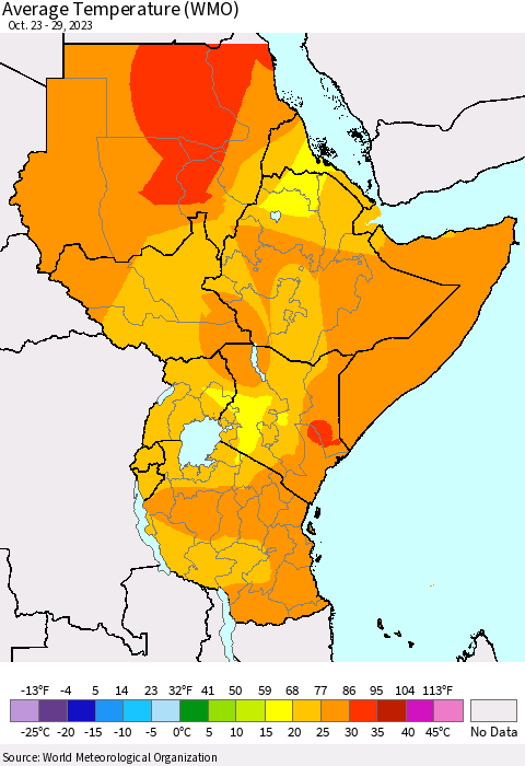 Eastern Africa Average Temperature (WMO) Thematic Map For 10/23/2023 - 10/29/2023