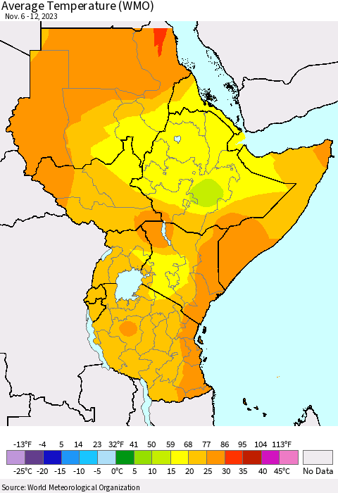 Eastern Africa Average Temperature (WMO) Thematic Map For 11/6/2023 - 11/12/2023