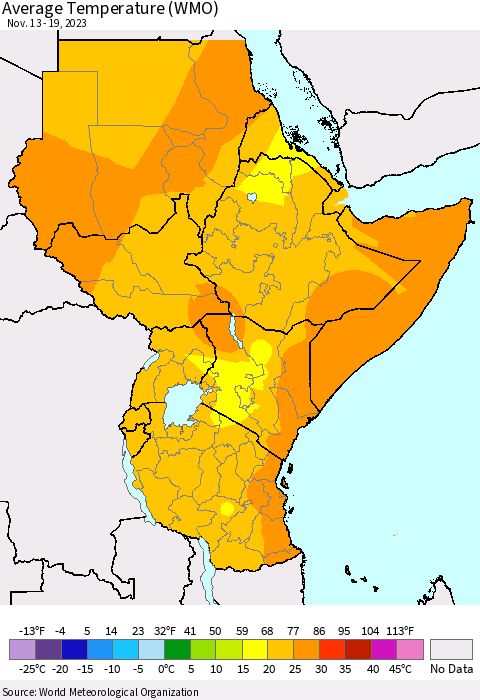 Eastern Africa Average Temperature (WMO) Thematic Map For 11/13/2023 - 11/19/2023