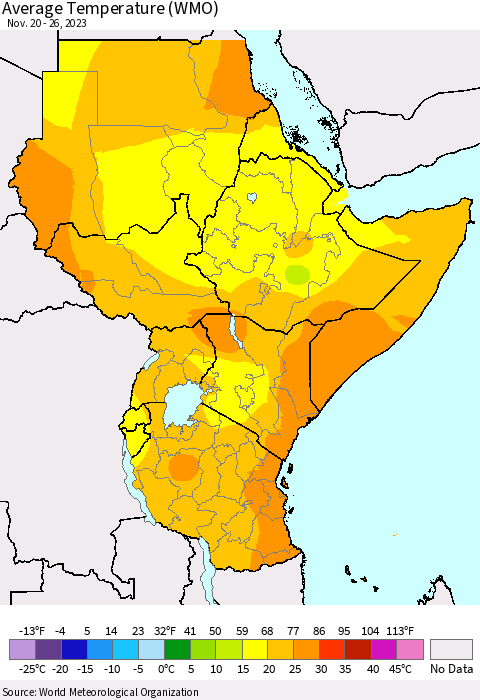 Eastern Africa Average Temperature (WMO) Thematic Map For 11/20/2023 - 11/26/2023