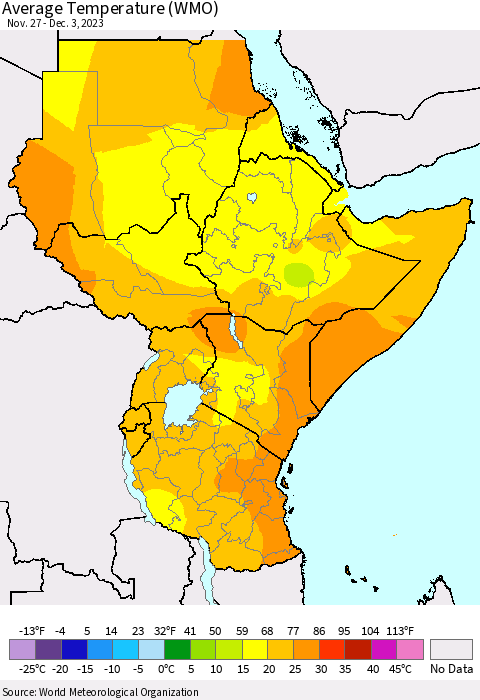 Eastern Africa Average Temperature (WMO) Thematic Map For 11/27/2023 - 12/3/2023