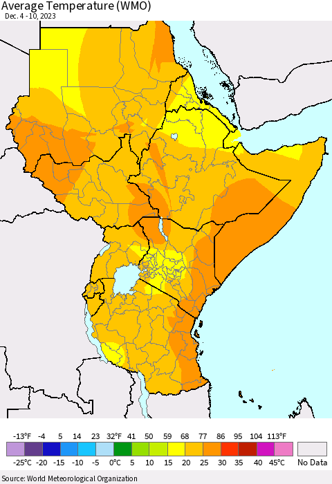 Eastern Africa Average Temperature (WMO) Thematic Map For 12/4/2023 - 12/10/2023