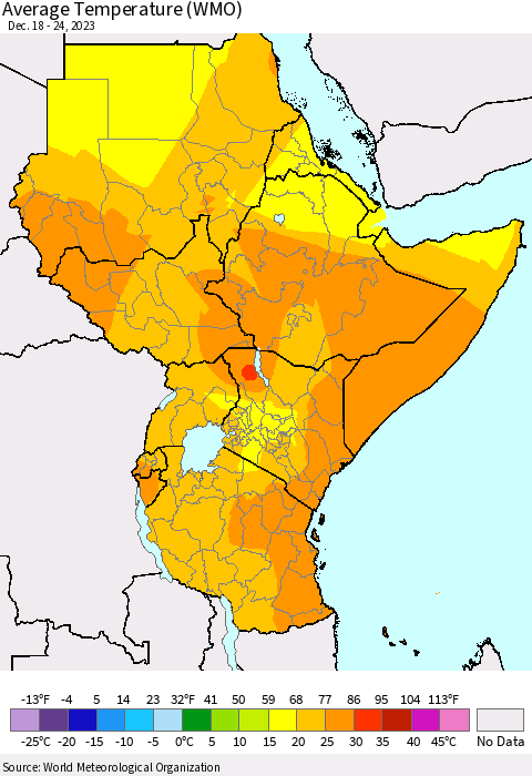 Eastern Africa Average Temperature (WMO) Thematic Map For 12/18/2023 - 12/24/2023