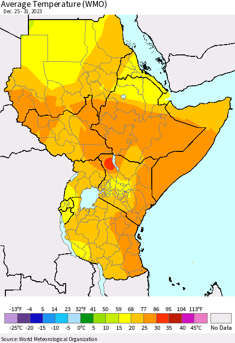 Eastern Africa Average Temperature (WMO) Thematic Map For 12/25/2023 - 12/31/2023
