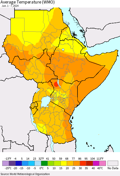 Eastern Africa Average Temperature (WMO) Thematic Map For 1/1/2024 - 1/7/2024