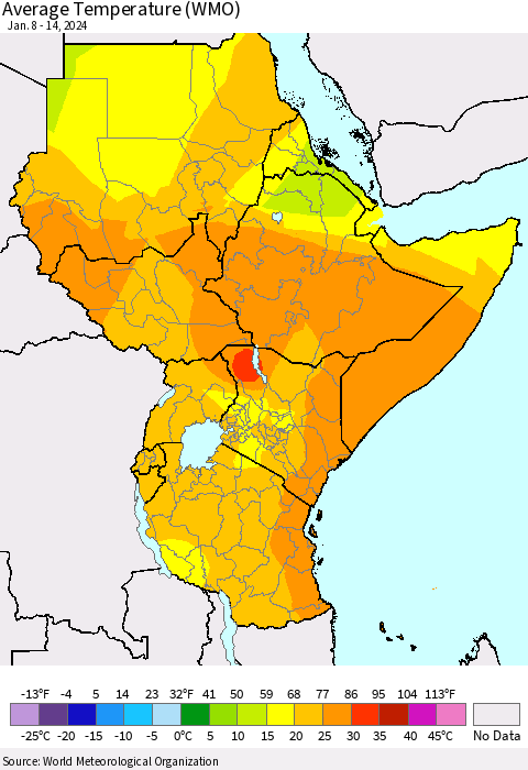 Eastern Africa Average Temperature (WMO) Thematic Map For 1/8/2024 - 1/14/2024