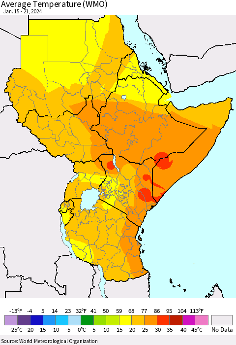 Eastern Africa Average Temperature (WMO) Thematic Map For 1/15/2024 - 1/21/2024