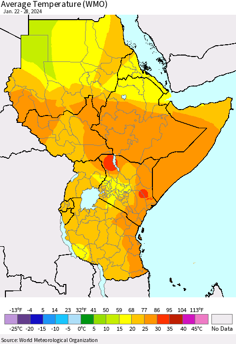 Eastern Africa Average Temperature (WMO) Thematic Map For 1/22/2024 - 1/28/2024