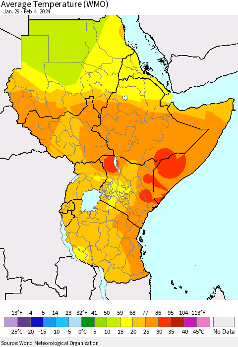 Eastern Africa Average Temperature (WMO) Thematic Map For 1/29/2024 - 2/4/2024