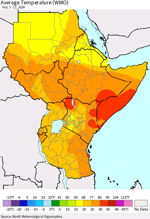 Eastern Africa Average Temperature (WMO) Thematic Map For 2/5/2024 - 2/11/2024