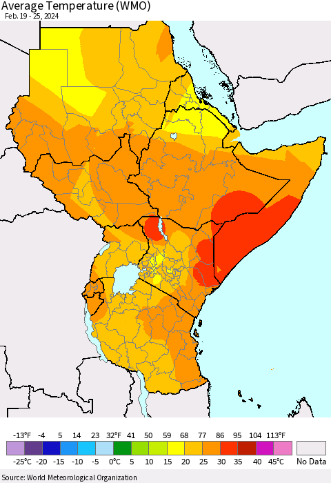 Eastern Africa Average Temperature (WMO) Thematic Map For 2/19/2024 - 2/25/2024