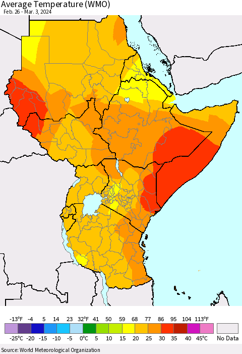 Eastern Africa Average Temperature (WMO) Thematic Map For 2/26/2024 - 3/3/2024