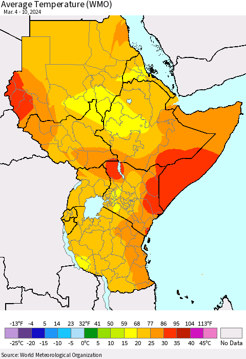 Eastern Africa Average Temperature (WMO) Thematic Map For 3/4/2024 - 3/10/2024