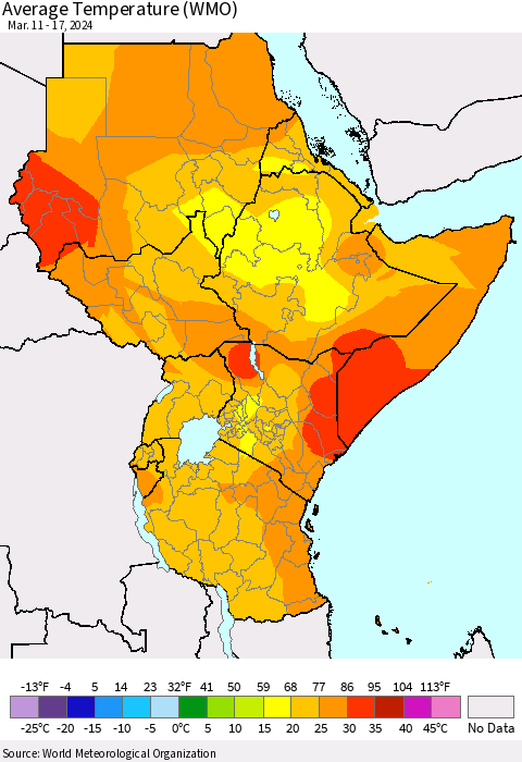 Eastern Africa Average Temperature (WMO) Thematic Map For 3/11/2024 - 3/17/2024