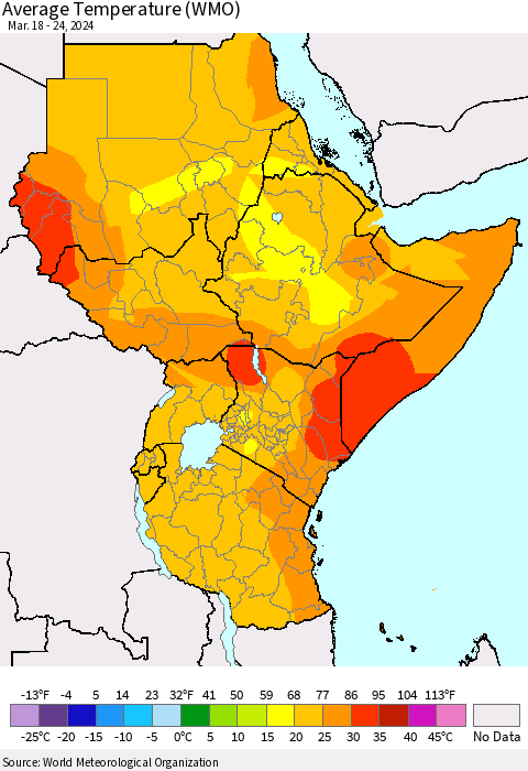 Eastern Africa Average Temperature (WMO) Thematic Map For 3/18/2024 - 3/24/2024