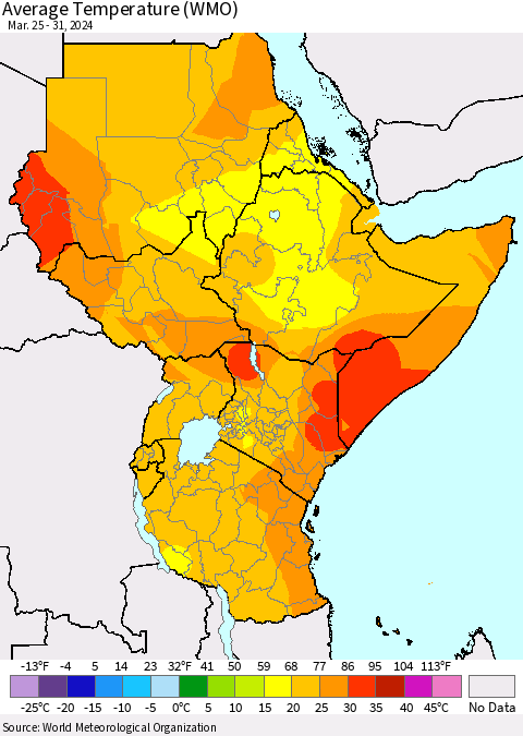 Eastern Africa Average Temperature (WMO) Thematic Map For 3/25/2024 - 3/31/2024