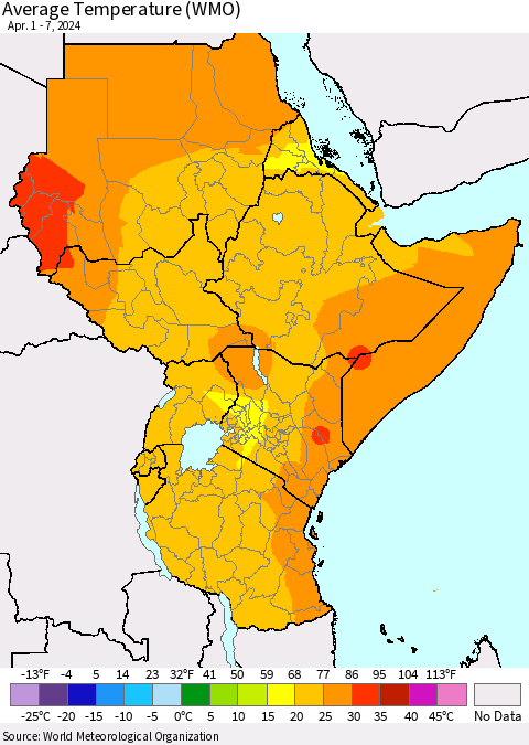 Eastern Africa Average Temperature (WMO) Thematic Map For 4/1/2024 - 4/7/2024