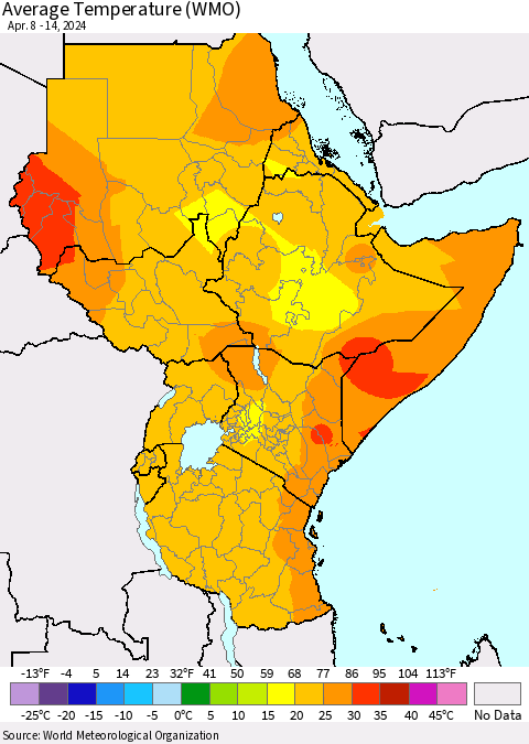 Eastern Africa Average Temperature (WMO) Thematic Map For 4/8/2024 - 4/14/2024