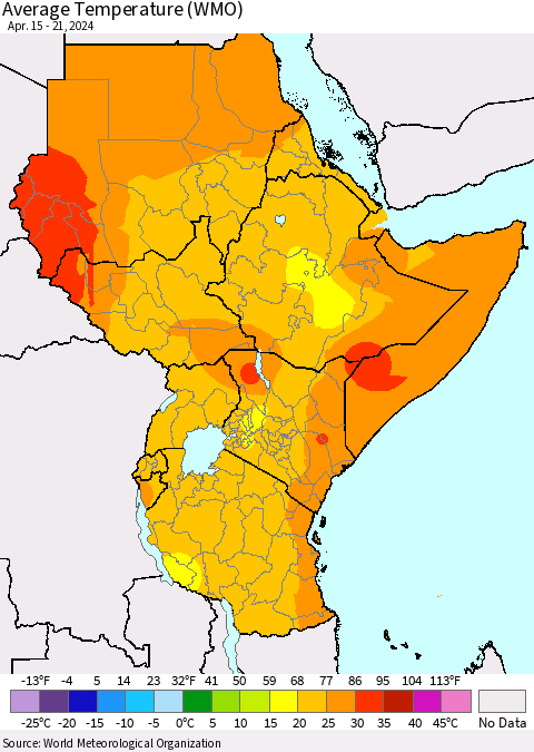 Eastern Africa Average Temperature (WMO) Thematic Map For 4/15/2024 - 4/21/2024