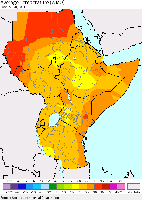 Eastern Africa Average Temperature (WMO) Thematic Map For 4/22/2024 - 4/28/2024