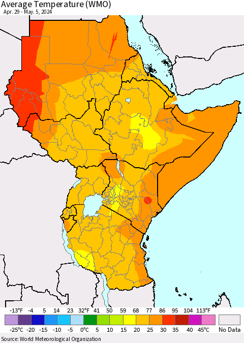 Eastern Africa Average Temperature (WMO) Thematic Map For 4/29/2024 - 5/5/2024