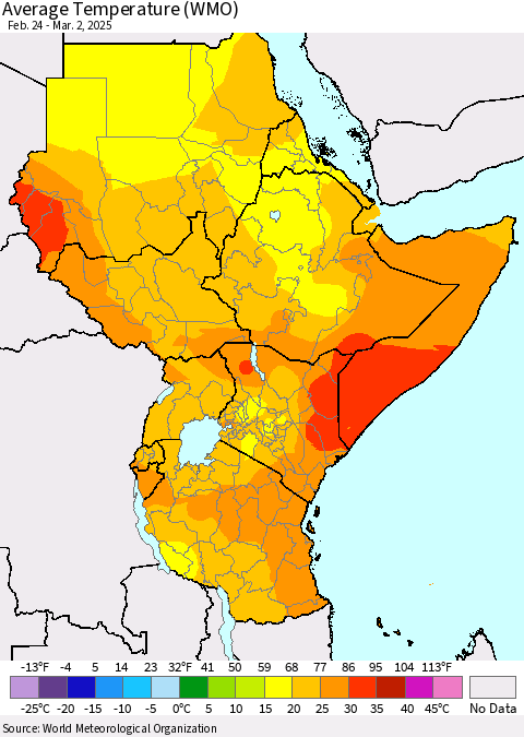 Eastern Africa Average Temperature (WMO) Thematic Map For 2/24/2025 - 3/2/2025