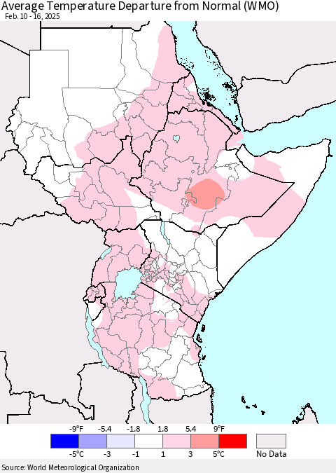 Eastern Africa Average Temperature Departure from Normal (WMO) Thematic Map For 2/10/2025 - 2/16/2025
