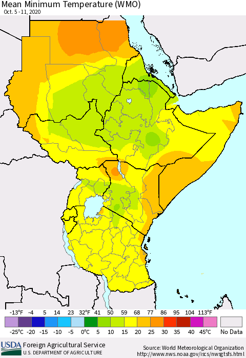Eastern Africa Minimum Temperature (WMO) Thematic Map For 10/5/2020 - 10/11/2020