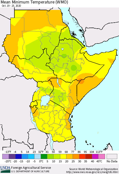 Eastern Africa Minimum Temperature (WMO) Thematic Map For 10/19/2020 - 10/25/2020