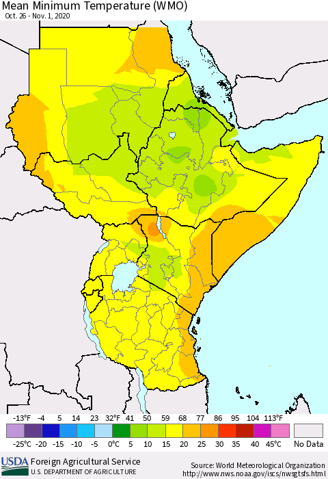 Eastern Africa Minimum Temperature (WMO) Thematic Map For 10/26/2020 - 11/1/2020