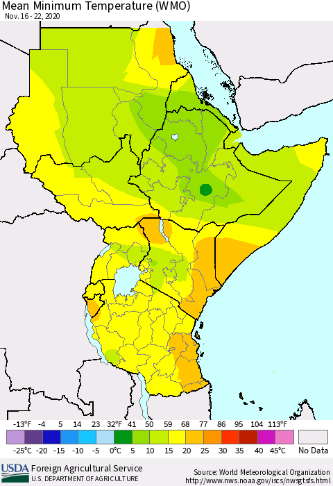 Eastern Africa Minimum Temperature (WMO) Thematic Map For 11/16/2020 - 11/22/2020