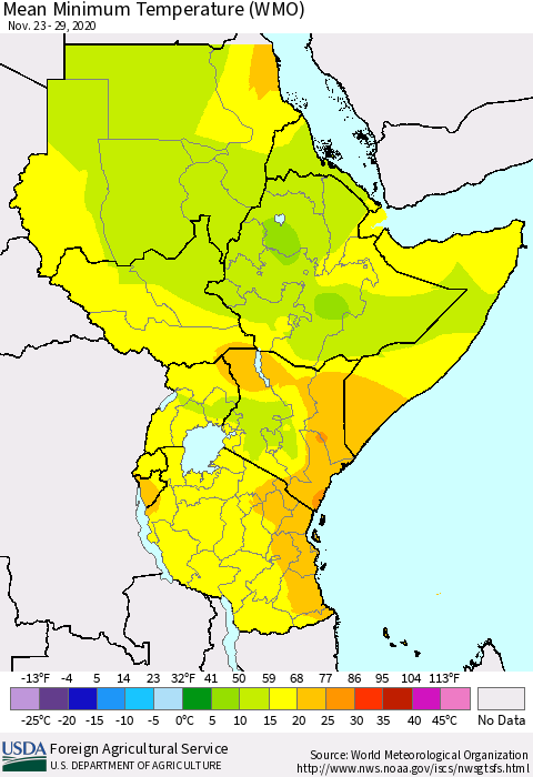 Eastern Africa Minimum Temperature (WMO) Thematic Map For 11/23/2020 - 11/29/2020