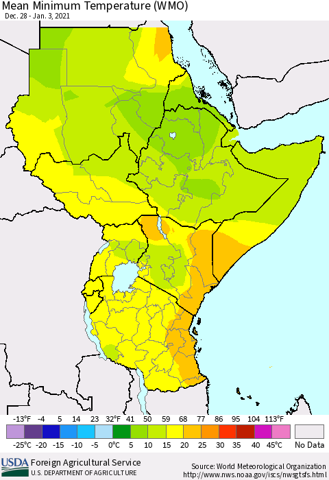 Eastern Africa Minimum Temperature (WMO) Thematic Map For 12/28/2020 - 1/3/2021