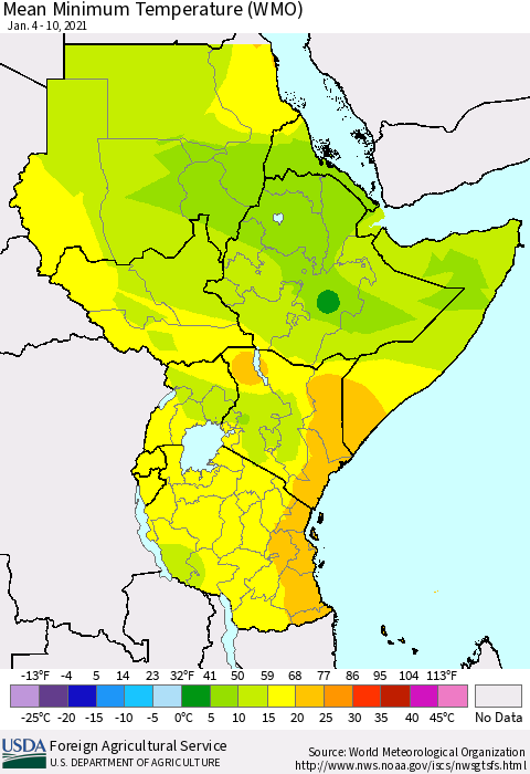 Eastern Africa Minimum Temperature (WMO) Thematic Map For 1/4/2021 - 1/10/2021