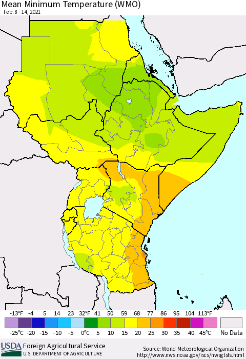 Eastern Africa Minimum Temperature (WMO) Thematic Map For 2/8/2021 - 2/14/2021