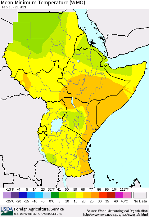 Eastern Africa Minimum Temperature (WMO) Thematic Map For 2/15/2021 - 2/21/2021