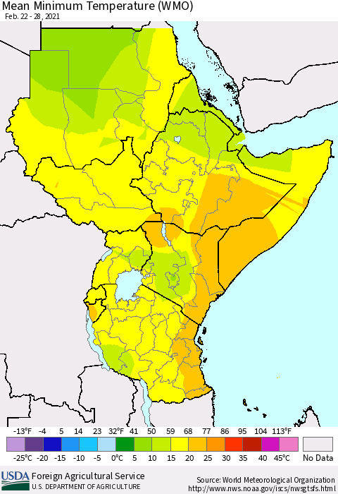 Eastern Africa Minimum Temperature (WMO) Thematic Map For 2/22/2021 - 2/28/2021