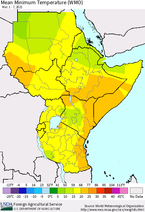 Eastern Africa Minimum Temperature (WMO) Thematic Map For 3/1/2021 - 3/7/2021