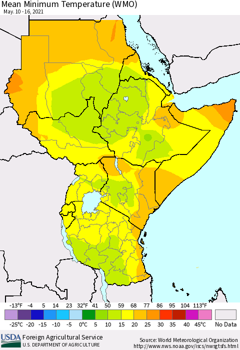 Eastern Africa Minimum Temperature (WMO) Thematic Map For 5/10/2021 - 5/16/2021