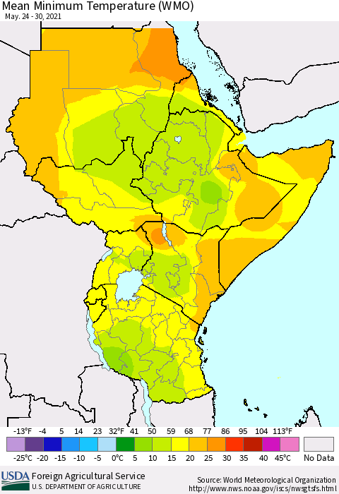 Eastern Africa Minimum Temperature (WMO) Thematic Map For 5/24/2021 - 5/30/2021