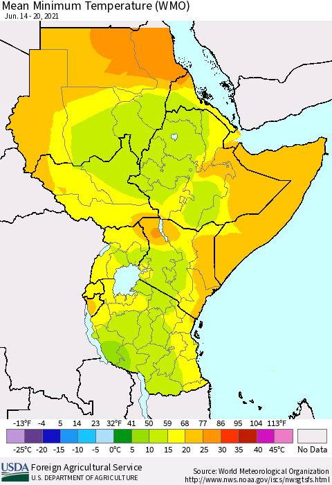 Eastern Africa Minimum Temperature (WMO) Thematic Map For 6/14/2021 - 6/20/2021