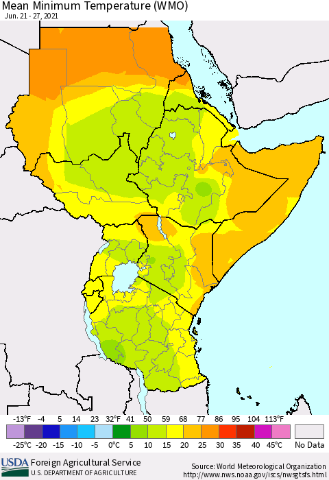 Eastern Africa Minimum Temperature (WMO) Thematic Map For 6/21/2021 - 6/27/2021