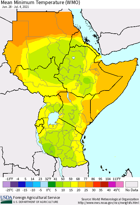 Eastern Africa Minimum Temperature (WMO) Thematic Map For 6/28/2021 - 7/4/2021