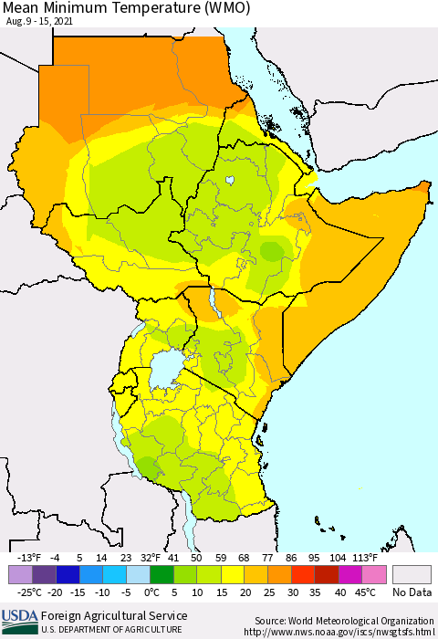 Eastern Africa Minimum Temperature (WMO) Thematic Map For 8/9/2021 - 8/15/2021