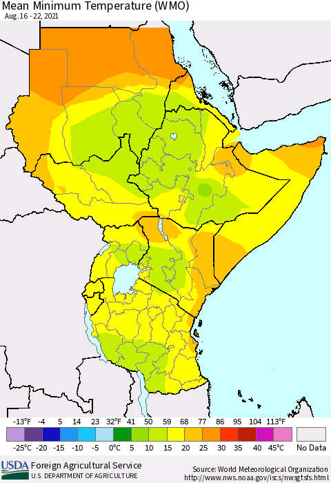 Eastern Africa Minimum Temperature (WMO) Thematic Map For 8/16/2021 - 8/22/2021