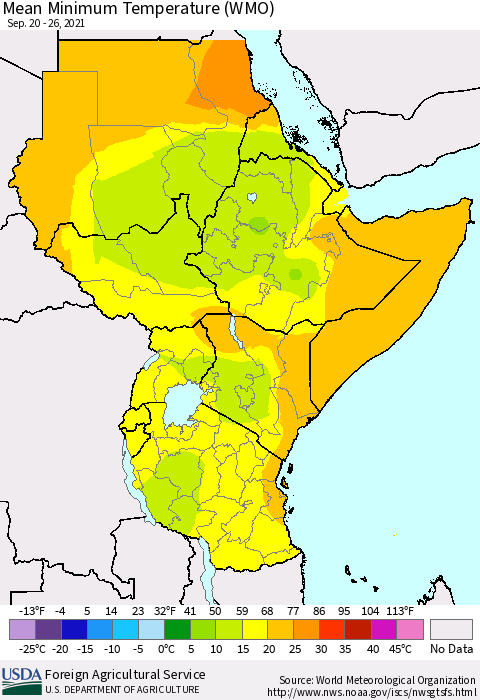 Eastern Africa Minimum Temperature (WMO) Thematic Map For 9/20/2021 - 9/26/2021