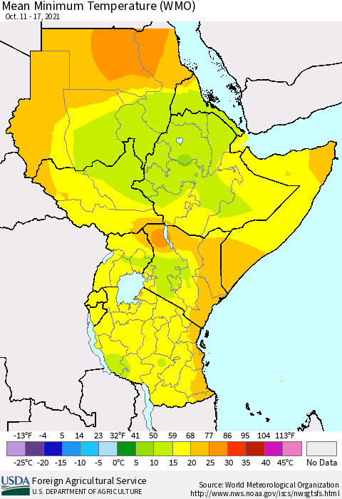 Eastern Africa Minimum Temperature (WMO) Thematic Map For 10/11/2021 - 10/17/2021