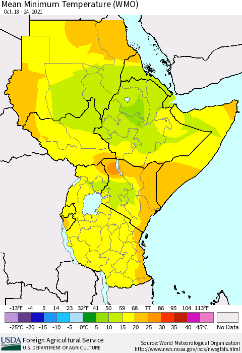 Eastern Africa Minimum Temperature (WMO) Thematic Map For 10/18/2021 - 10/24/2021